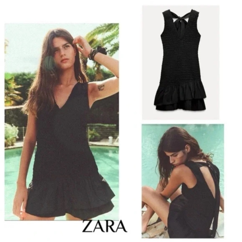 Zara Drop Waist Ruched Textured Dress in Black